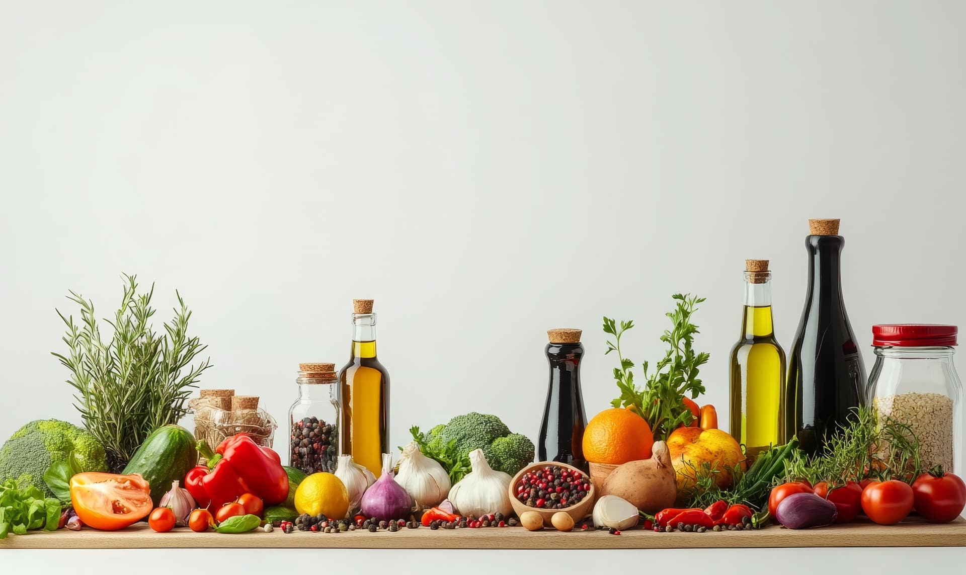 fresh vegetables erbs oils arranged wooden board against white background