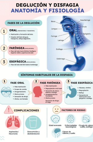 Infografía para conocer en qué consiste el proceso deglutorio, partes del cuerpo que intervienen y dónde se produce la disfagia.